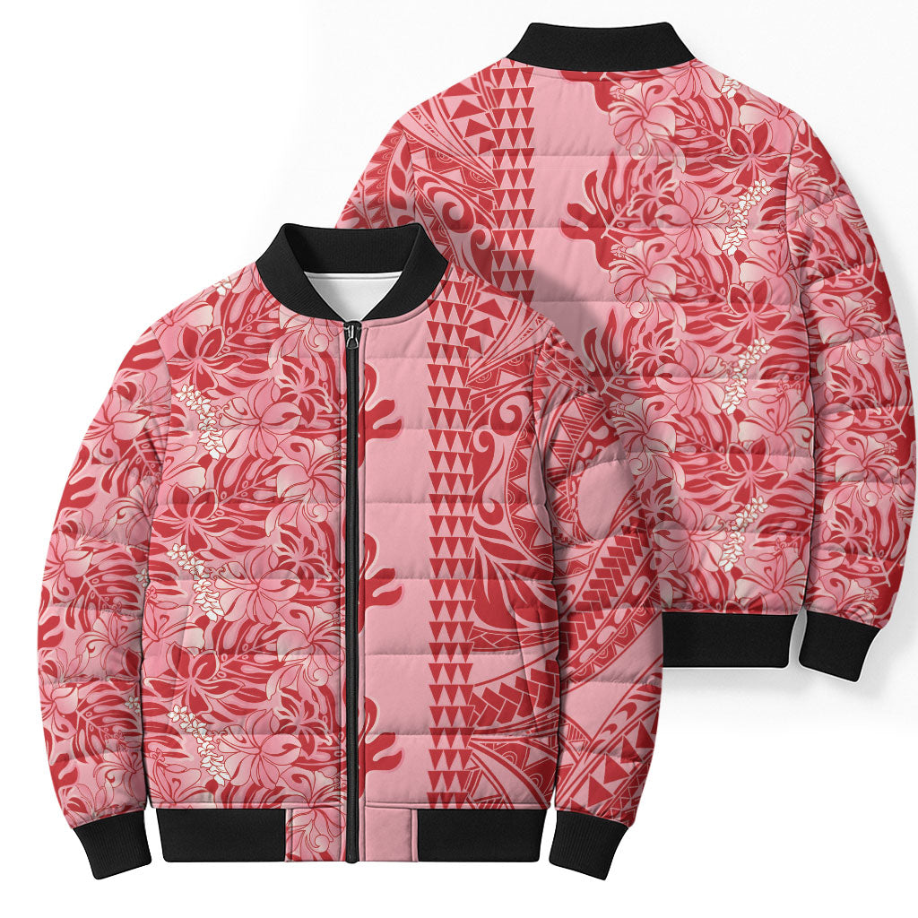Red Hibiscus Monstera Seamless Kakau Hawaii Bomber Puffer Jacket LT14 - Polynesian Pride
