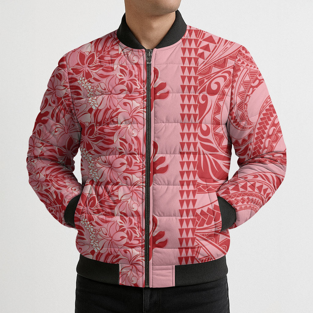 Red Hibiscus Monstera Seamless Kakau Hawaii Bomber Puffer Jacket LT14 - Polynesian Pride