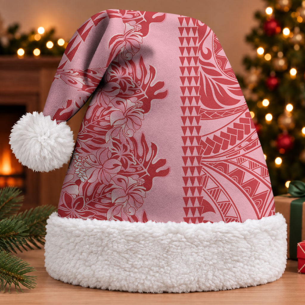 Red Hibiscus Monstera Seamless Kakau Hawaii Christmas Santa Hat LT14 With Fur Red - Polynesian Pride