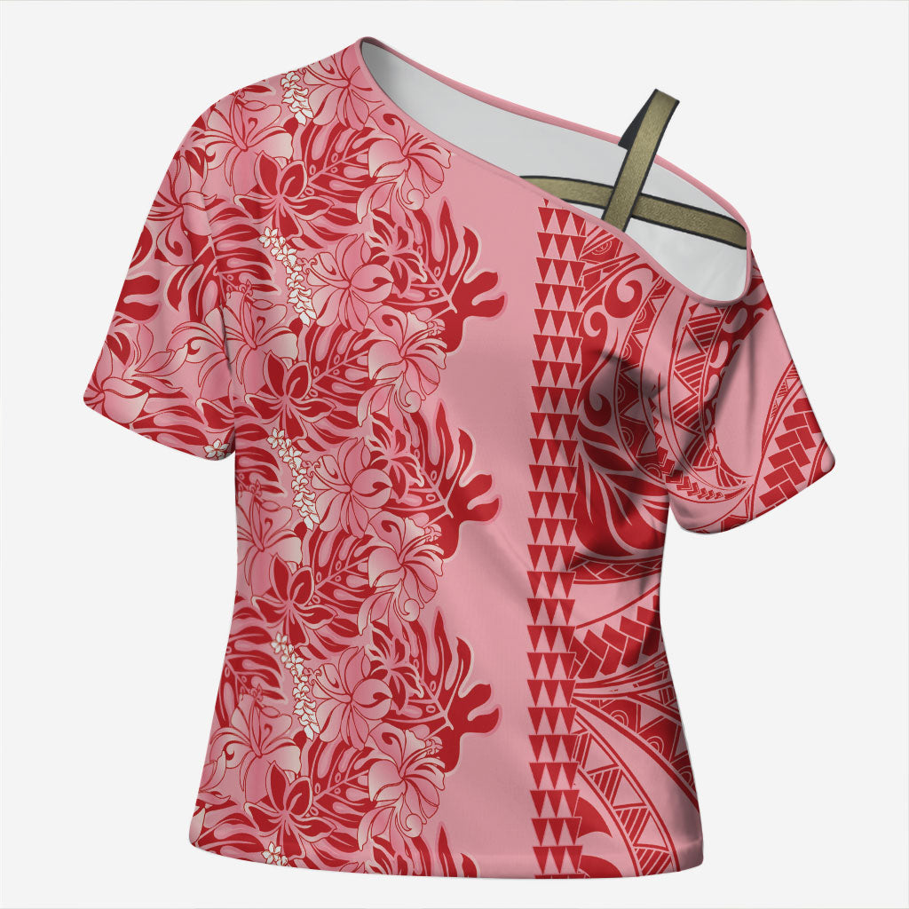 Red Hibiscus Monstera Seamless Kakau Hawaii Cross Shoulder Shirt