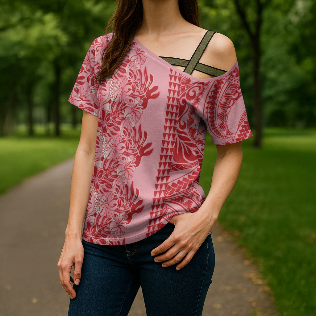 Red Hibiscus Monstera Seamless Kakau Hawaii Cross Shoulder Shirt LT14 - Polynesian Pride