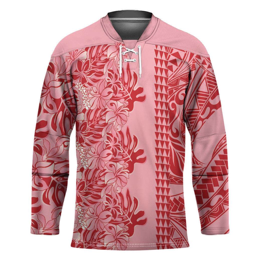 Red Hibiscus Monstera Seamless Kakau Hawaii Hockey Jersey LT14 Unisex Red - Polynesian Pride