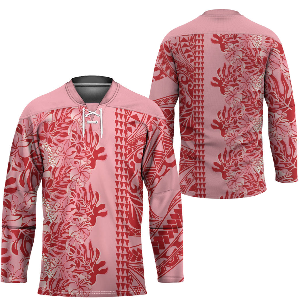 Red Hibiscus Monstera Seamless Kakau Hawaii Hockey Jersey LT14 - Polynesian Pride