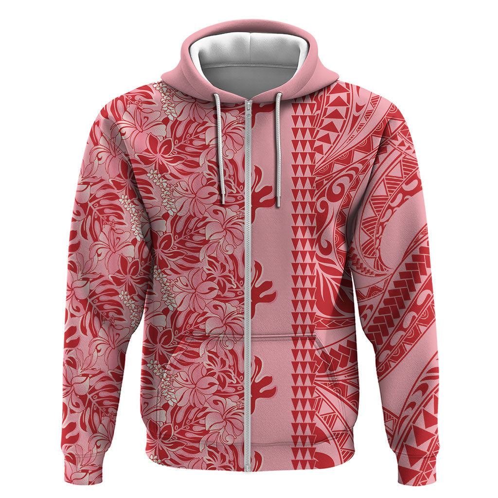 Red Hibiscus Monstera Seamless Kakau Hawaii Hoodie LT14 Zip Hoodie Red - Polynesian Pride