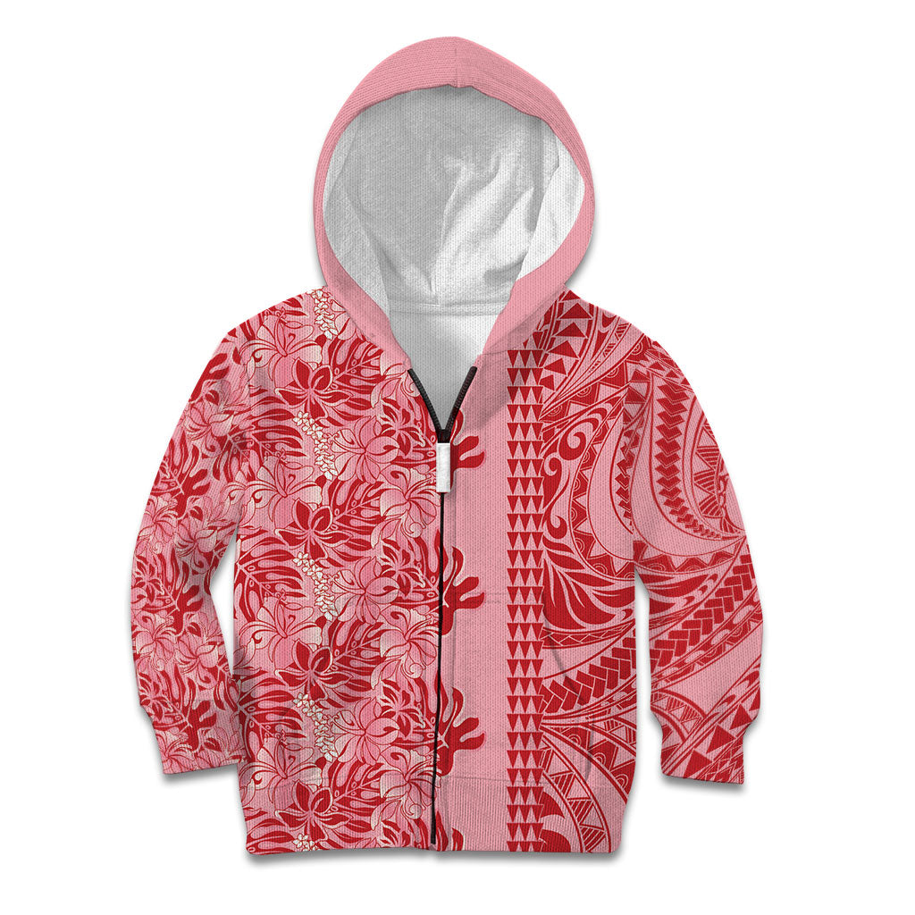Red Hibiscus Monstera Seamless Kakau Hawaii Kid Hoodie LT14 Zip Hoodie Red - Polynesian Pride