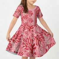 Red Hibiscus Monstera Seamless Kakau Hawaii Kid Short Sleeve Dress LT14 KID Red - Polynesian Pride