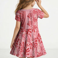 Red Hibiscus Monstera Seamless Kakau Hawaii Kid Short Sleeve Dress LT14 - Polynesian Pride