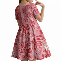 Red Hibiscus Monstera Seamless Kakau Hawaii Kid Short Sleeve Dress LT14 - Polynesian Pride