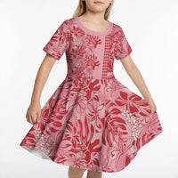 Red Hibiscus Monstera Seamless Kakau Hawaii Kid Short Sleeve Dress LT14 - Polynesian Pride