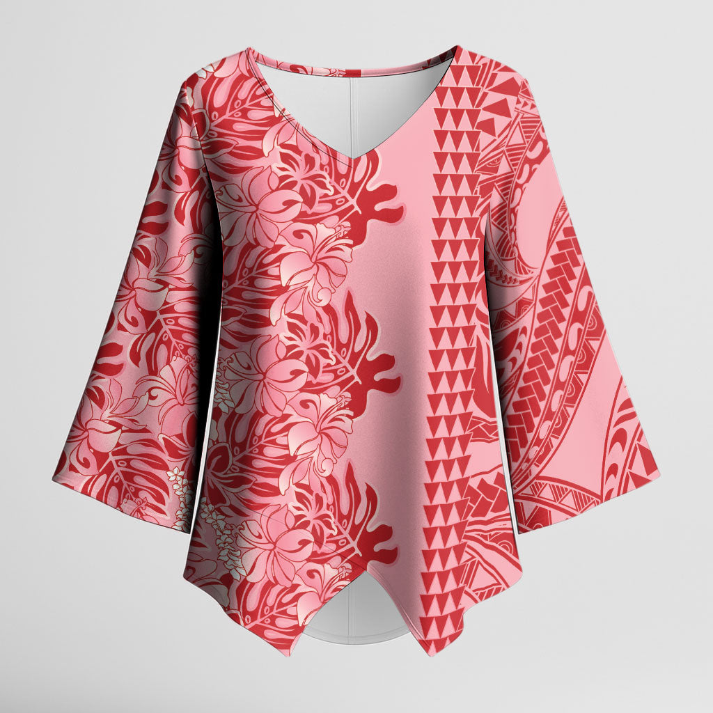 Red Hibiscus Monstera Seamless Kakau Hawaii Kimono Sleeve Blouse LT14 Female Red - Polynesian Pride