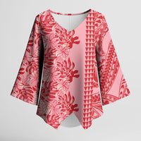 Red Hibiscus Monstera Seamless Kakau Hawaii Kimono Sleeve Blouse LT14 Female Red - Polynesian Pride