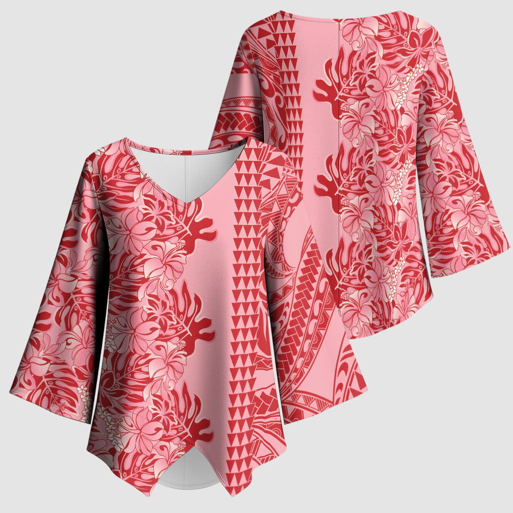 Red Hibiscus Monstera Seamless Kakau Hawaii Kimono Sleeve Blouse LT14 - Polynesian Pride