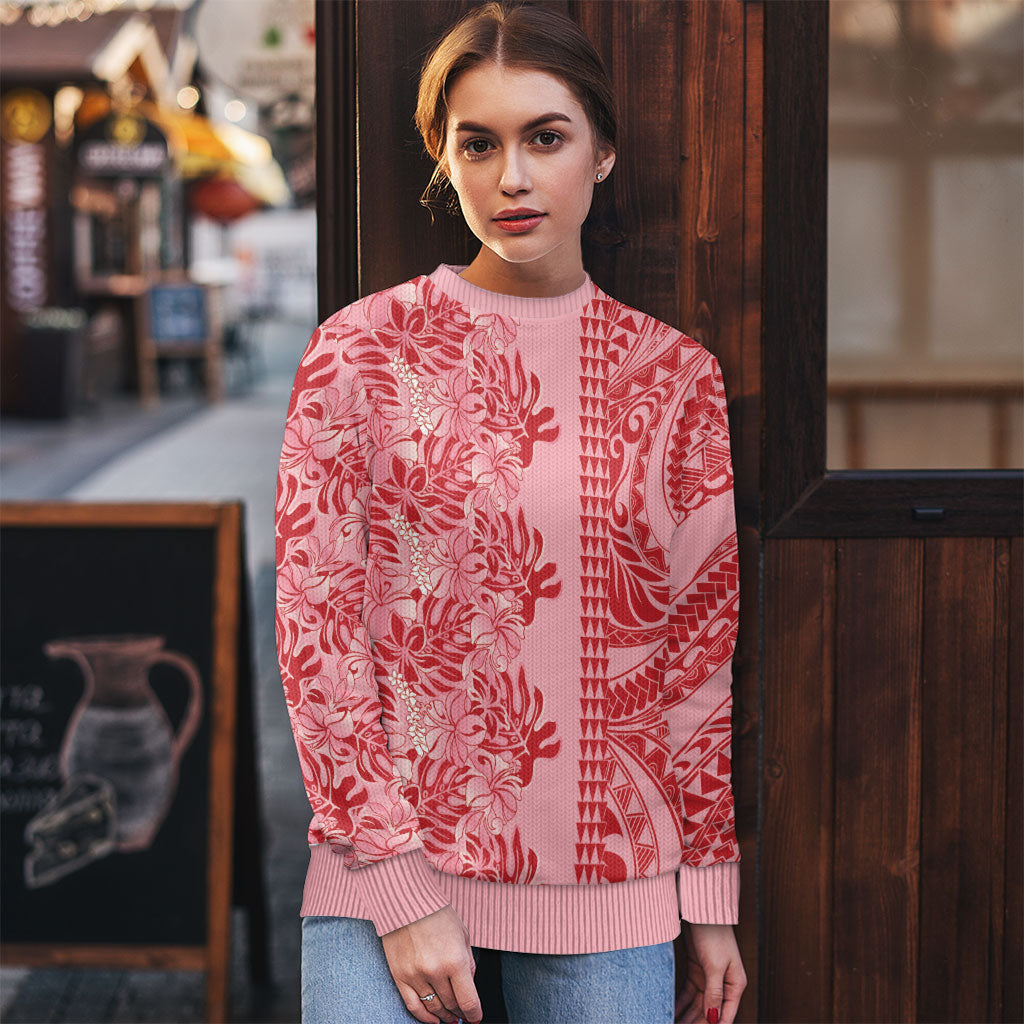 Red Hibiscus Monstera Seamless Kakau Hawaii Ugly Christmas Sweater LT14 - Polynesian Pride