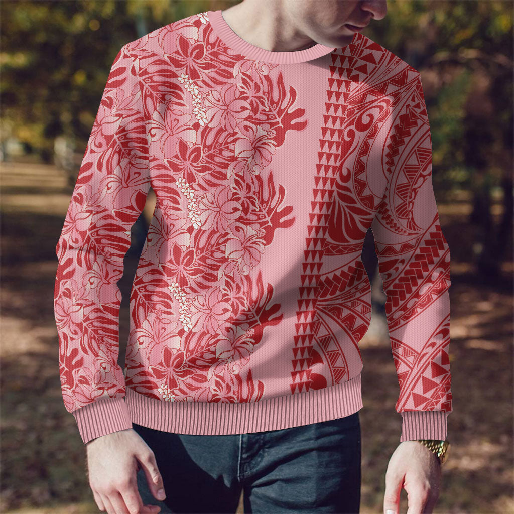 Red Hibiscus Monstera Seamless Kakau Hawaii Ugly Christmas Sweater LT14 - Polynesian Pride