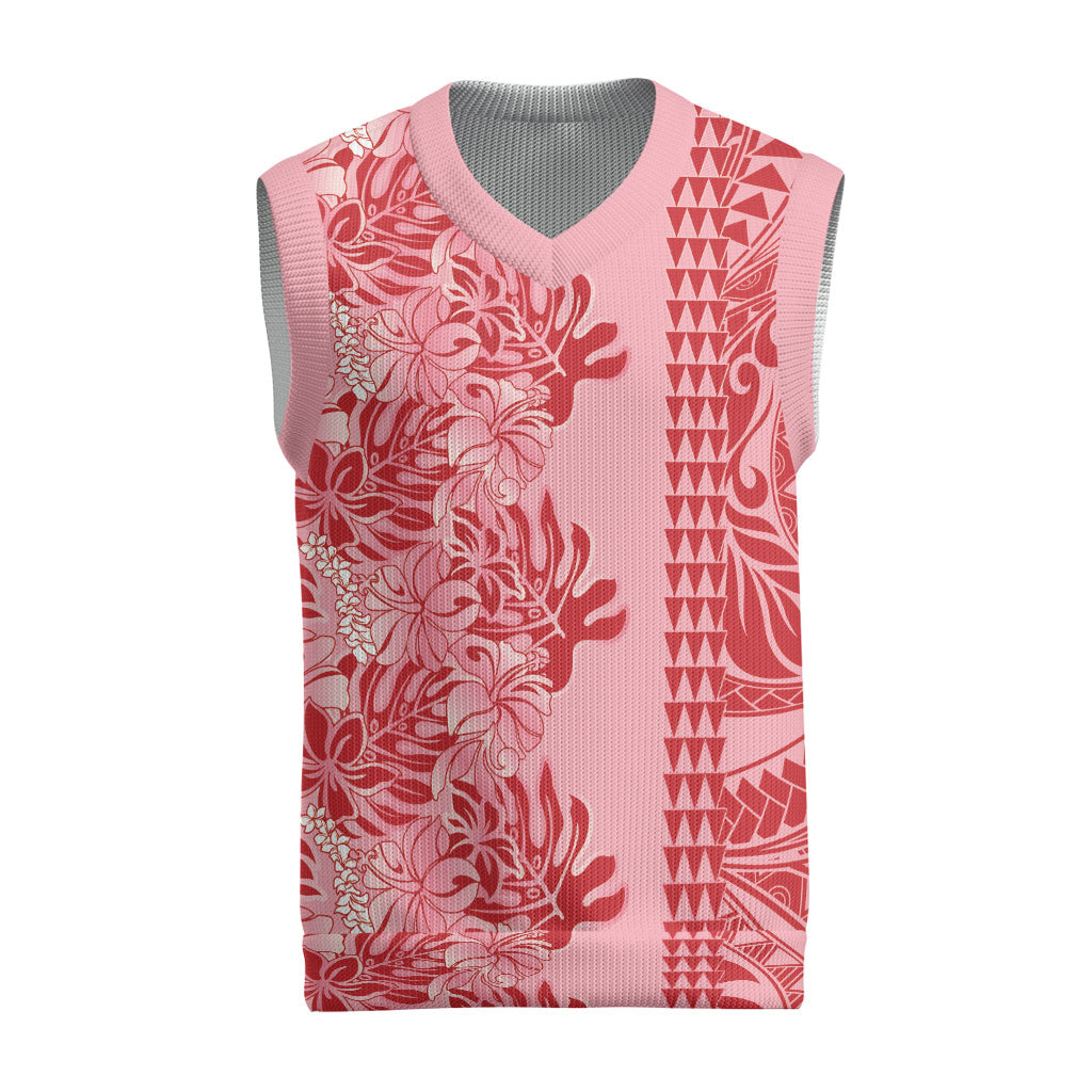 Red Hibiscus Monstera Seamless Kakau Hawaii Christmas Knitted V-Neck Vest
