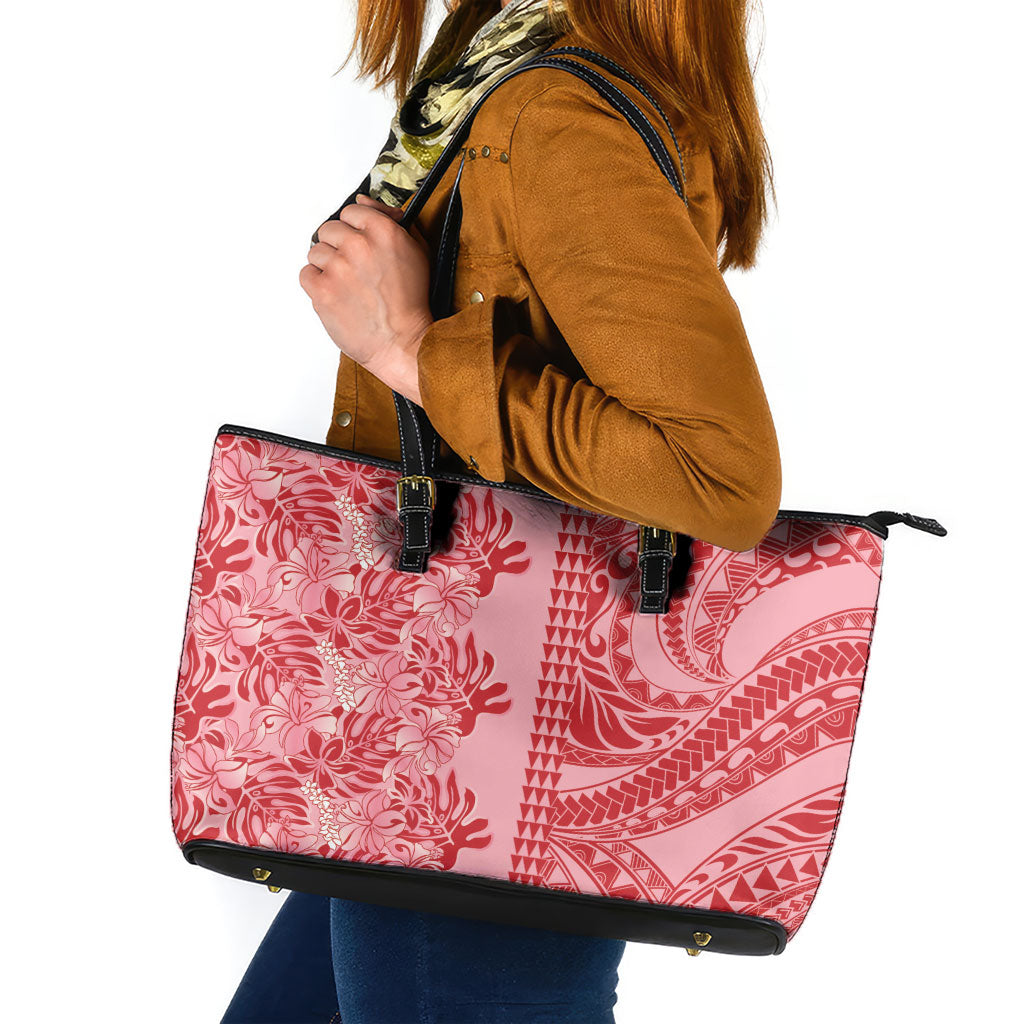 Red Hibiscus Monstera Seamless Kakau Hawaii Leather Tote Bag LT14 Red - Polynesian Pride