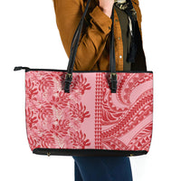 Red Hibiscus Monstera Seamless Kakau Hawaii Leather Tote Bag LT14 - Polynesian Pride