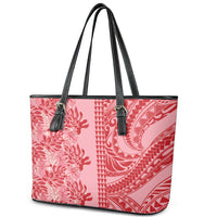 Red Hibiscus Monstera Seamless Kakau Hawaii Leather Tote Bag LT14 - Polynesian Pride