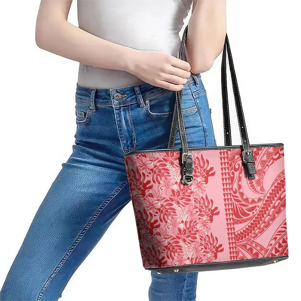 Red Hibiscus Monstera Seamless Kakau Hawaii Leather Tote Bag LT14 - Polynesian Pride