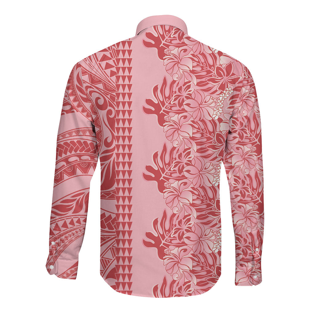Red Hibiscus Monstera Seamless Kakau Hawaii Long Sleeve Button Shirt LT14 - Polynesian Pride