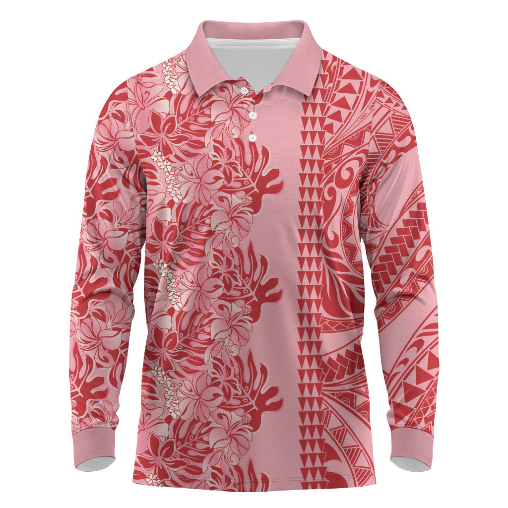 Red Hibiscus Monstera Seamless Kakau Hawaii Long Sleeve Polo Shirt LT14 Red - Polynesian Pride