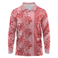 Red Hibiscus Monstera Seamless Kakau Hawaii Long Sleeve Polo Shirt LT14 Red - Polynesian Pride