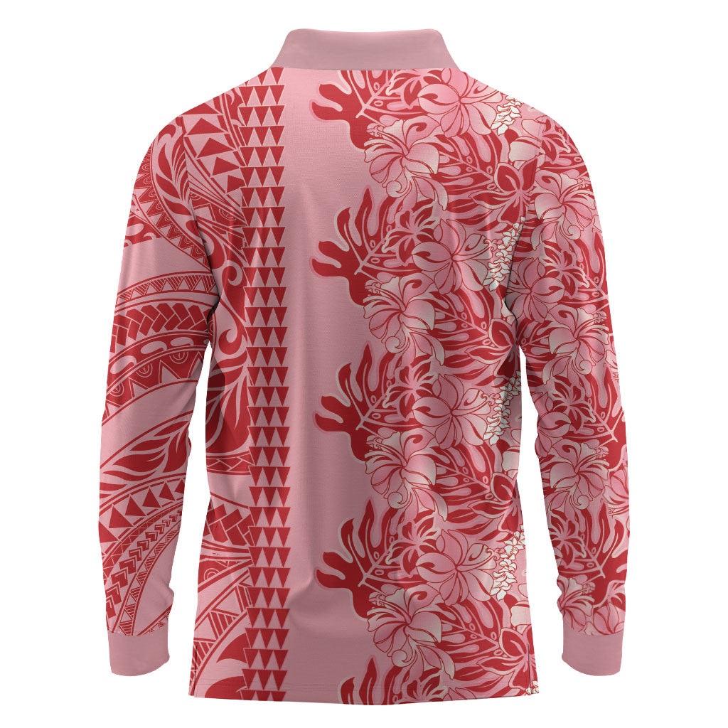 Red Hibiscus Monstera Seamless Kakau Hawaii Long Sleeve Polo Shirt LT14 - Polynesian Pride