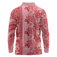 Red Hibiscus Monstera Seamless Kakau Hawaii Long Sleeve Polo Shirt LT14 - Polynesian Pride