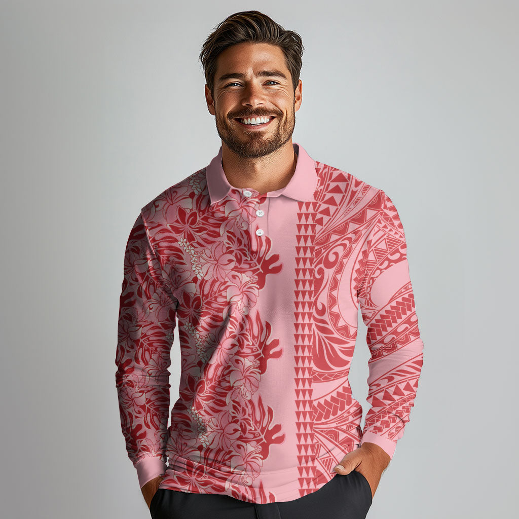 Red Hibiscus Monstera Seamless Kakau Hawaii Long Sleeve Polo Shirt LT14 - Polynesian Pride