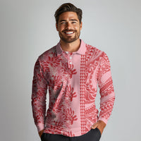 Red Hibiscus Monstera Seamless Kakau Hawaii Long Sleeve Polo Shirt LT14 - Polynesian Pride