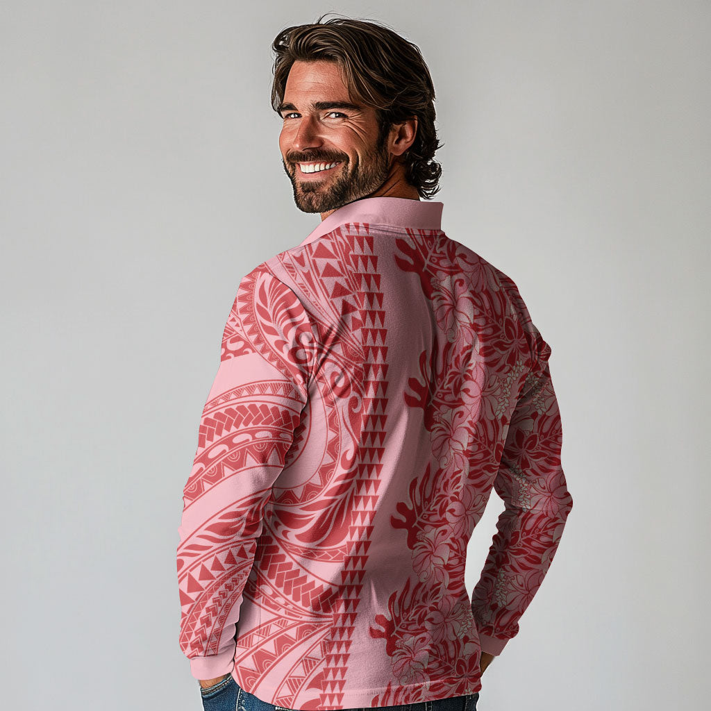 Red Hibiscus Monstera Seamless Kakau Hawaii Long Sleeve Polo Shirt LT14 - Polynesian Pride