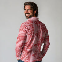 Red Hibiscus Monstera Seamless Kakau Hawaii Long Sleeve Polo Shirt LT14 - Polynesian Pride
