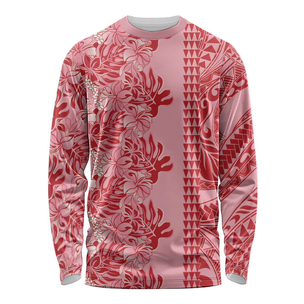 Red Hibiscus Monstera Seamless Kakau Hawaii Long Sleeve Shirt