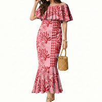 Red Hibiscus Monstera Seamless Kakau Hawaii Mermaid Dress LT14 Women Red - Polynesian Pride