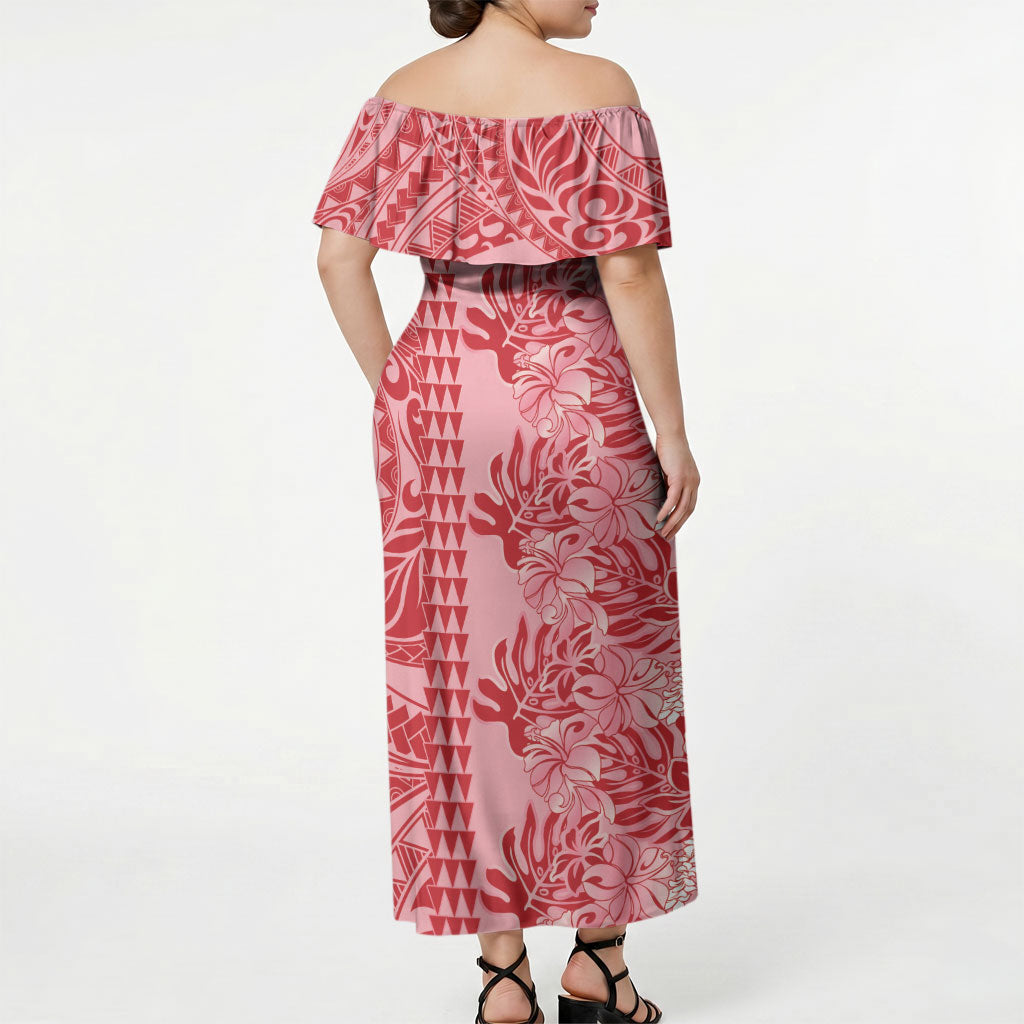 Red Hibiscus Monstera Seamless Kakau Hawaii Off Shoulder Maxi Dress LT14 - Polynesian Pride