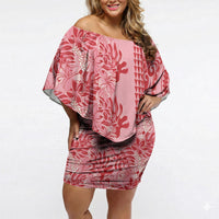 Red Hibiscus Monstera Seamless Kakau Hawaii Off Shoulder Short Dress LT14 Women Red - Polynesian Pride