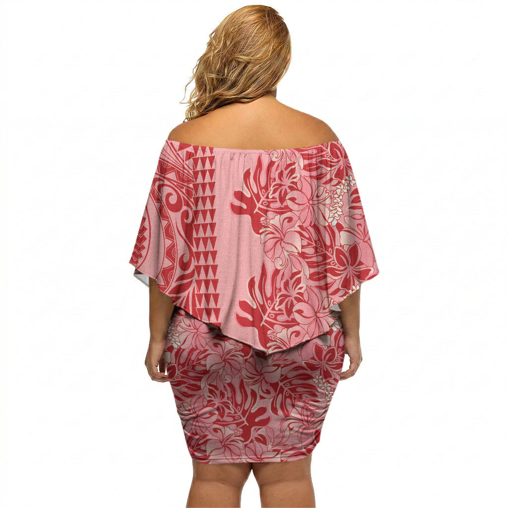 Red Hibiscus Monstera Seamless Kakau Hawaii Off Shoulder Short Dress LT14 - Polynesian Pride