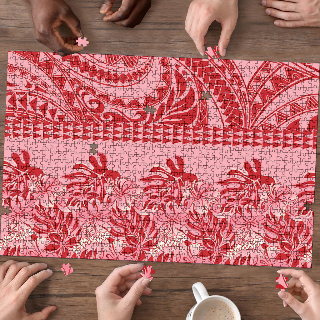 Red Hibiscus Monstera Seamless Kakau Hawaii Puzzle LT14 - Polynesian Pride