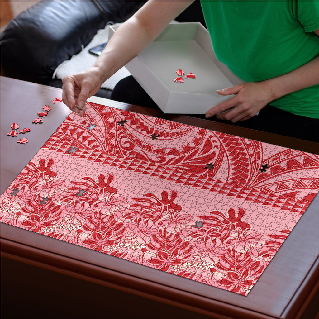 Red Hibiscus Monstera Seamless Kakau Hawaii Puzzle LT14 - Polynesian Pride