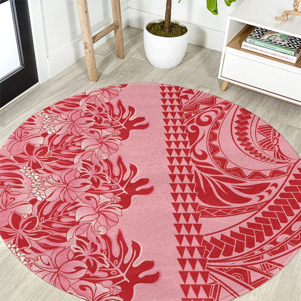 Red Hibiscus Monstera Seamless Kakau Hawaii Round Carpet LT14 Red - Polynesian Pride