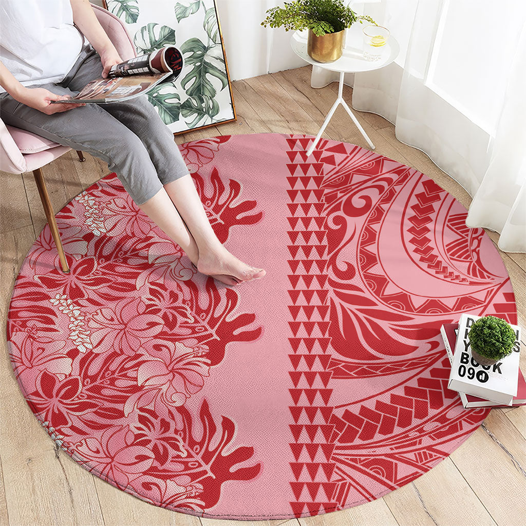 Red Hibiscus Monstera Seamless Kakau Hawaii Round Carpet LT14 - Polynesian Pride