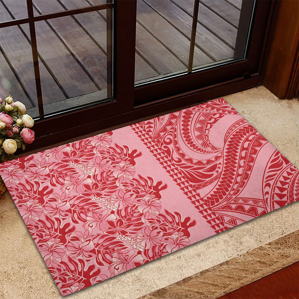Red Hibiscus Monstera Seamless Kakau Hawaii Rubber Doormat LT14 - Polynesian Pride