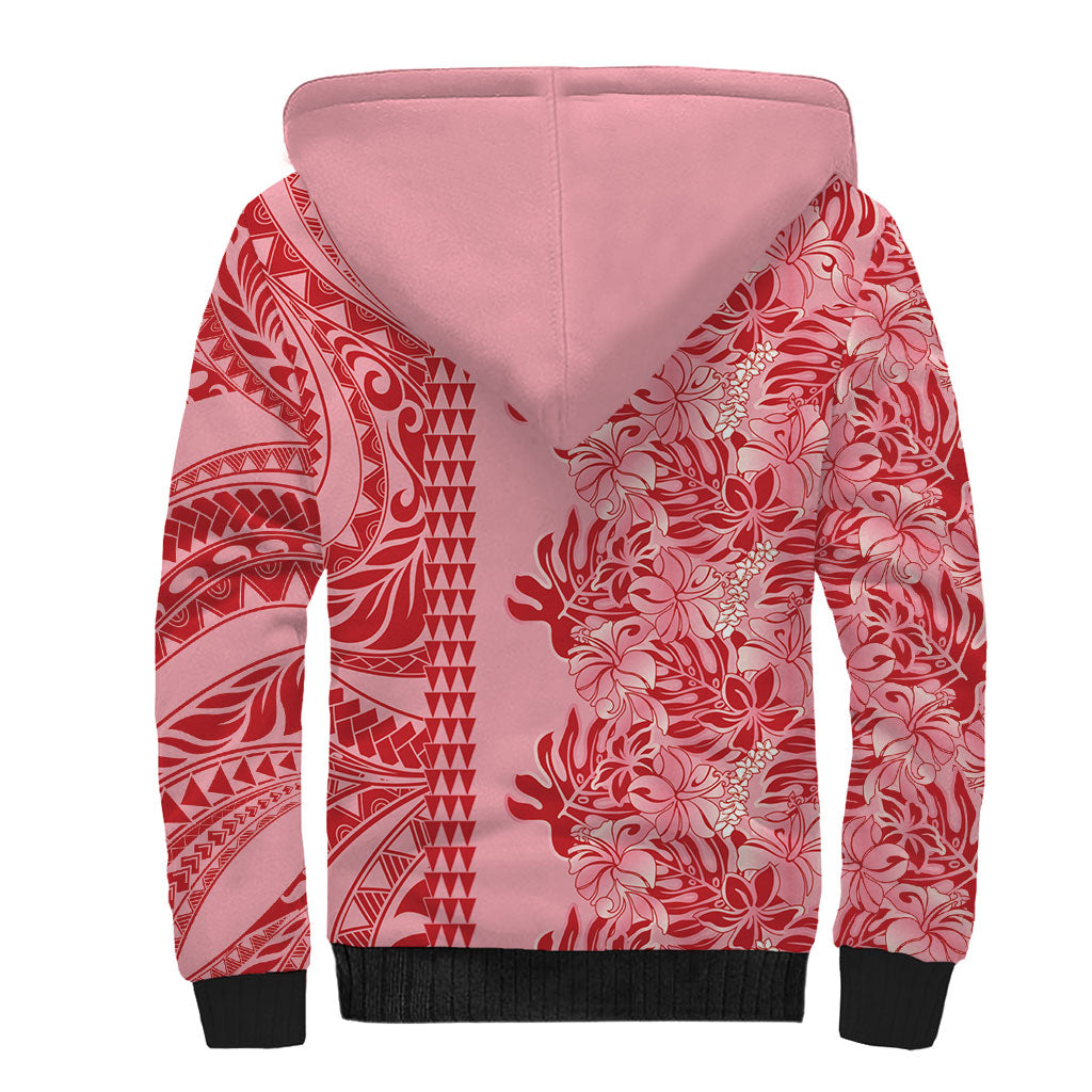 Red Hibiscus Monstera Seamless Kakau Hawaii Sherpa Hoodie LT14 - Polynesian Pride