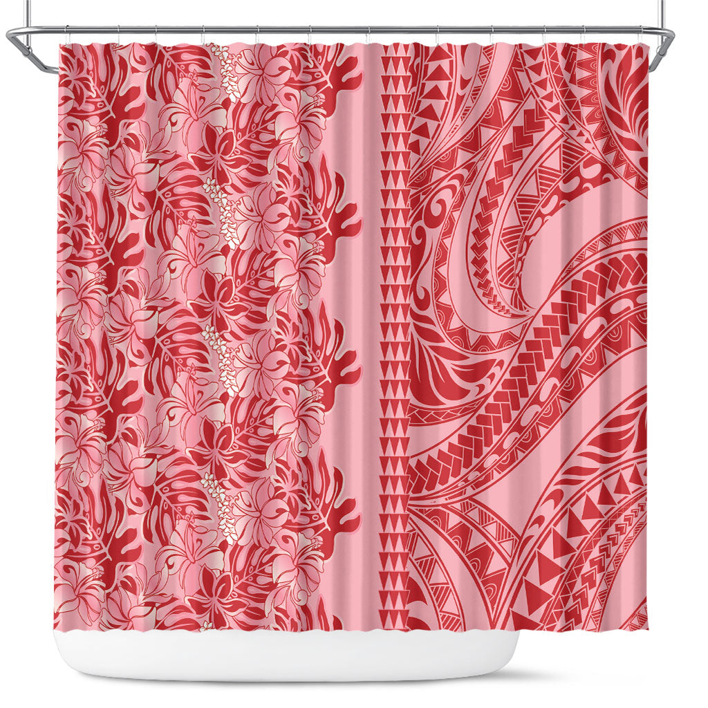 Red Hibiscus Monstera Seamless Kakau Hawaii Shower Curtain LT14 Red - Polynesian Pride