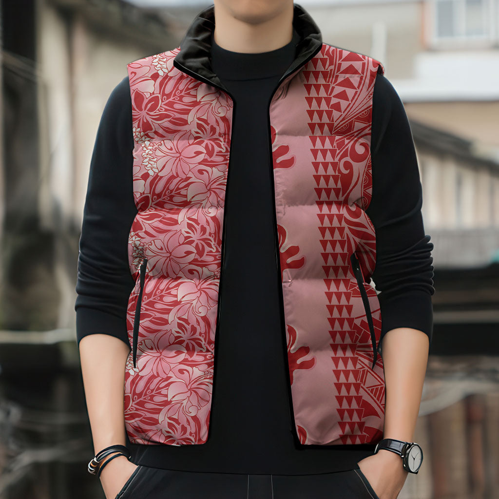 Red Hibiscus Monstera Seamless Kakau Hawaii Sleeveless Puffer Jacket LT14 - Polynesian Pride