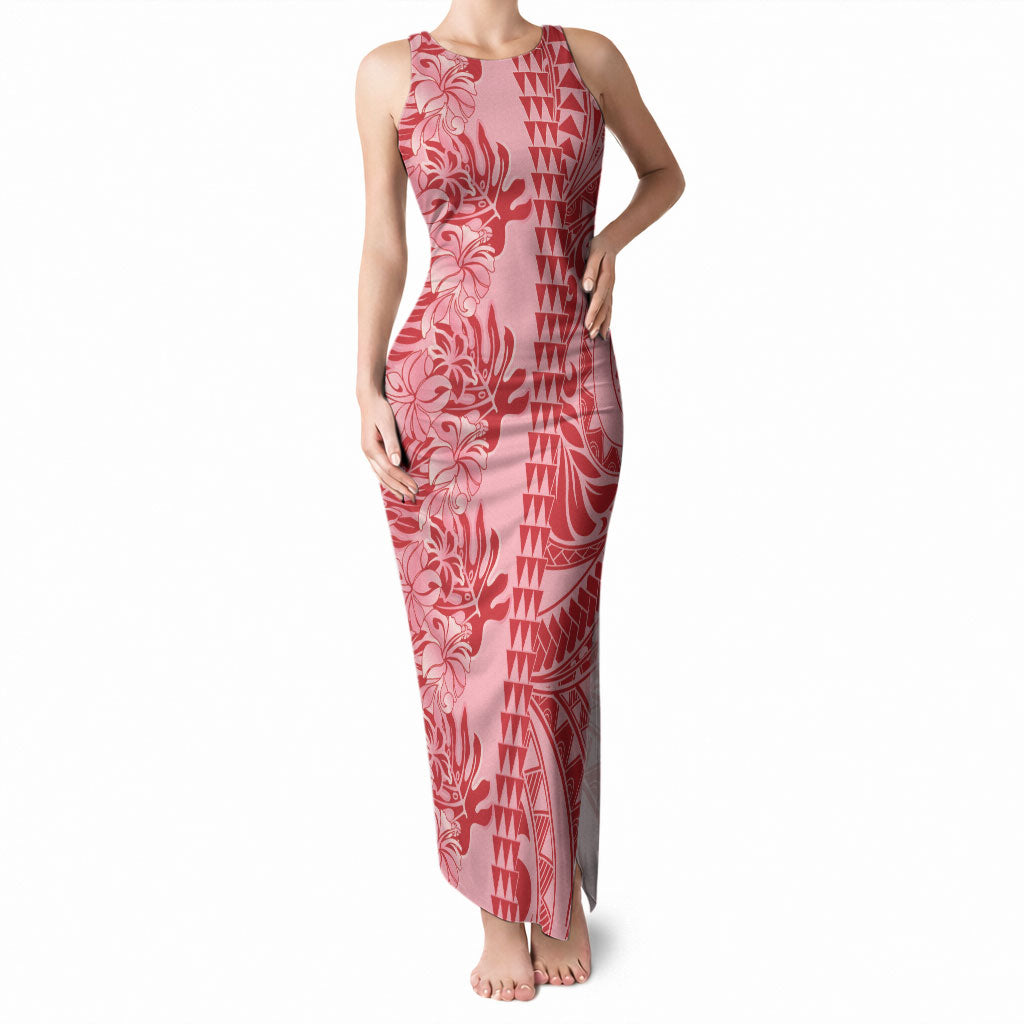 Red Hibiscus Monstera Seamless Kakau Hawaii Tank Maxi Dress
