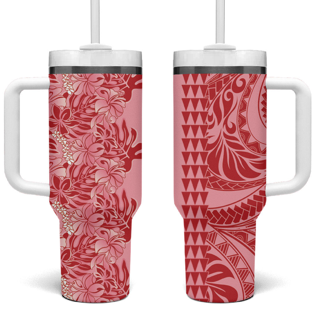 Red Hibiscus Monstera Seamless Kakau Hawaii Tumbler With Handle