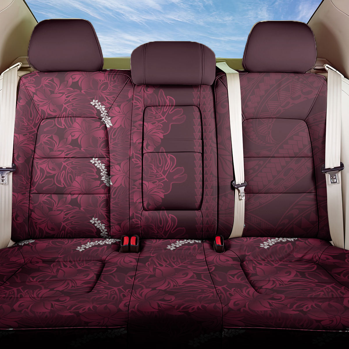 Burgundy Hibiscus Monstera Seamless Kakau Hawaii Back Car Seat Cover