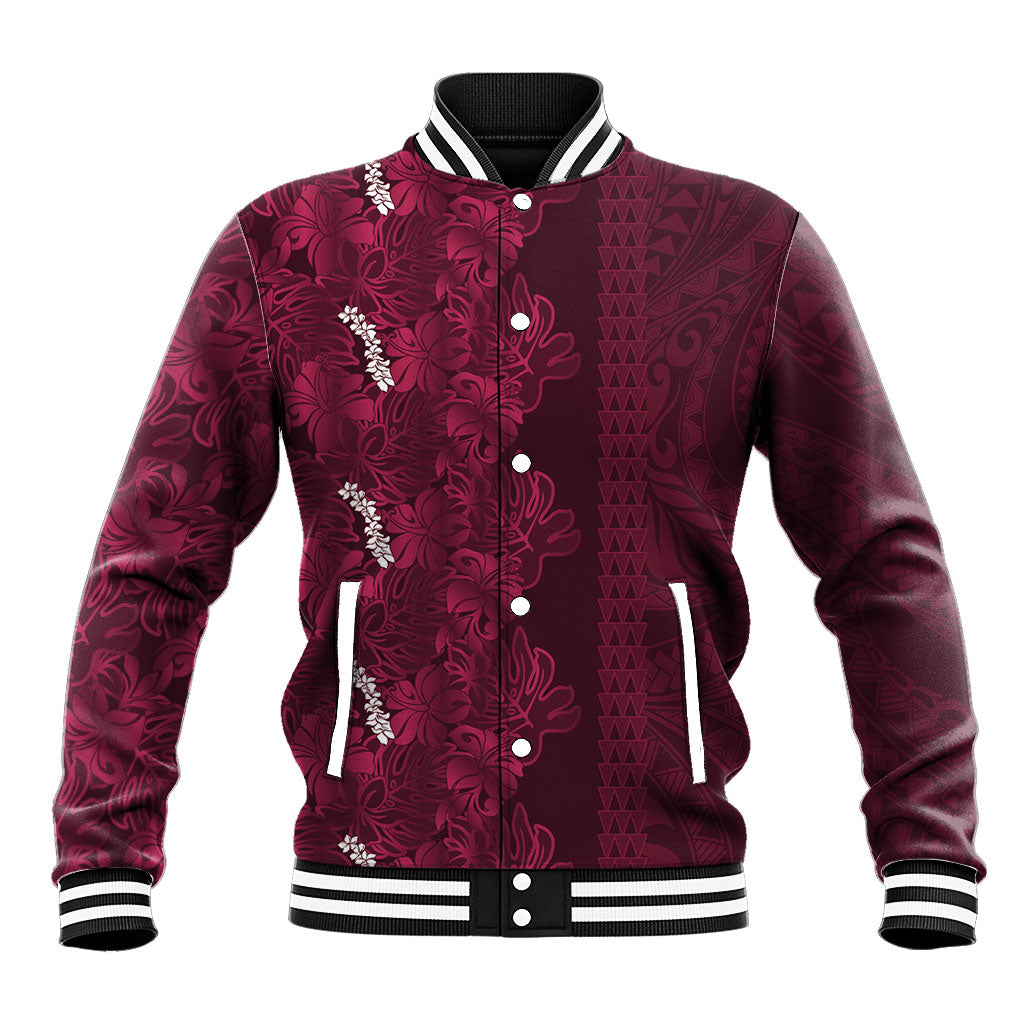 Burgundy Hibiscus Monstera Seamless Kakau Hawaii Baseball Jacket LT14 Unisex Burgundy - Polynesian Pride