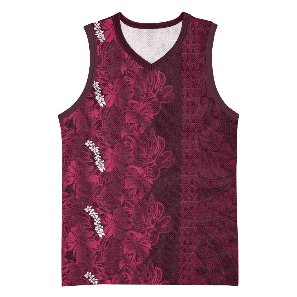 Burgundy Hibiscus Monstera Seamless Kakau Hawaii Basketball Jersey LT14 Unisex Burgundy - Polynesian Pride
